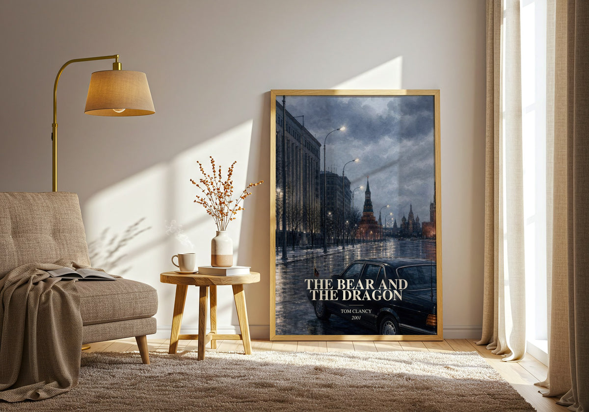 The Bear and the Dragon watercolour print in frame leaning in hallway – thriller wall art (mockup)