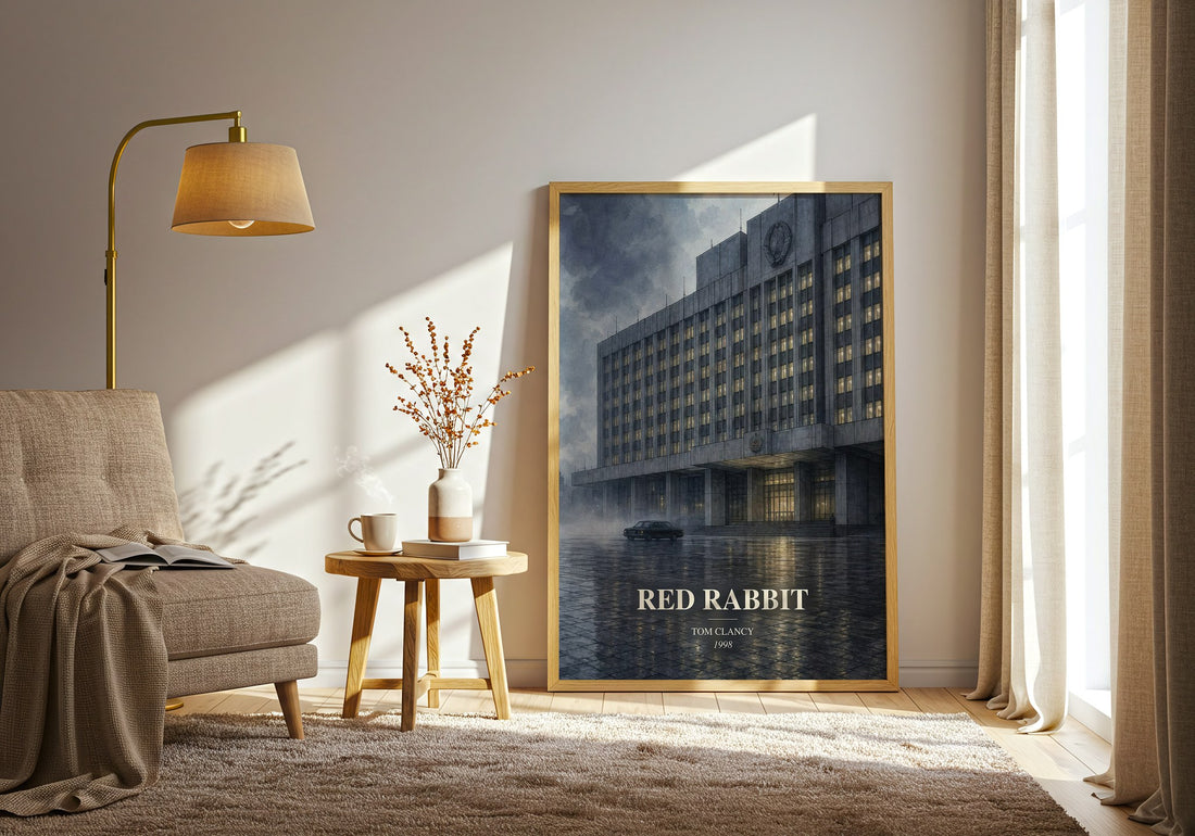 Red Rabbit watercolour print in frame leaning in hallway – thriller wall art (mockup)