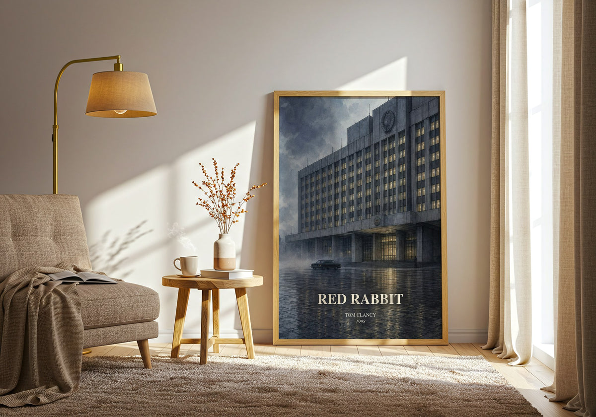 Red Rabbit watercolour print in frame leaning in hallway – thriller wall art (mockup)