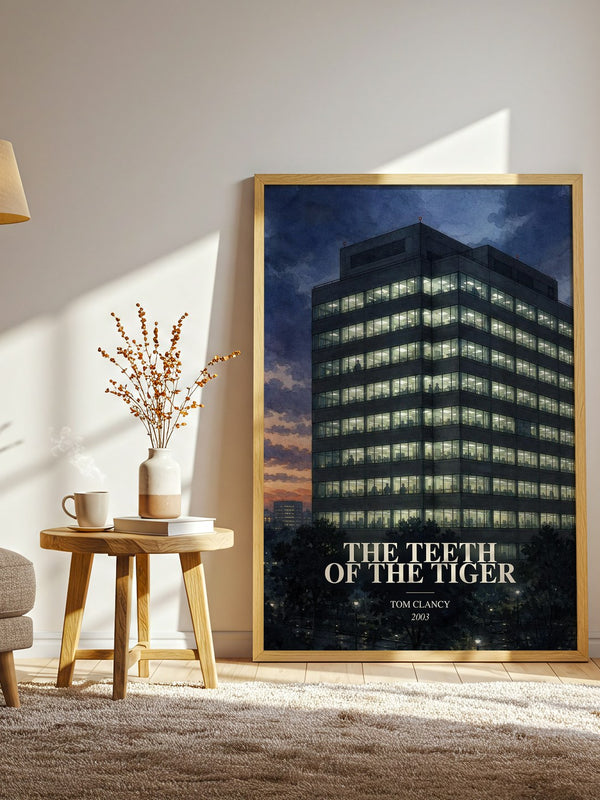 The Teeth of the Tiger watercolour print in frame leaning in hallway – thriller wall art