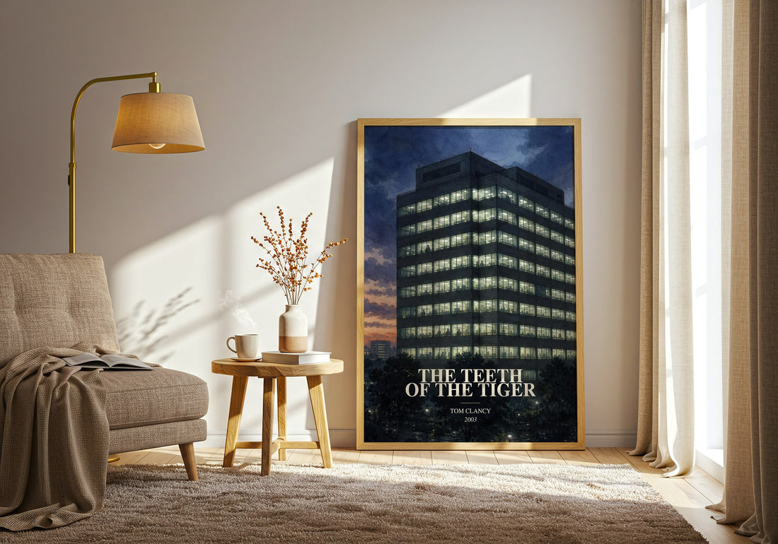 The Teeth of the Tiger watercolour print in frame leaning in hallway – thriller wall art (mockup)