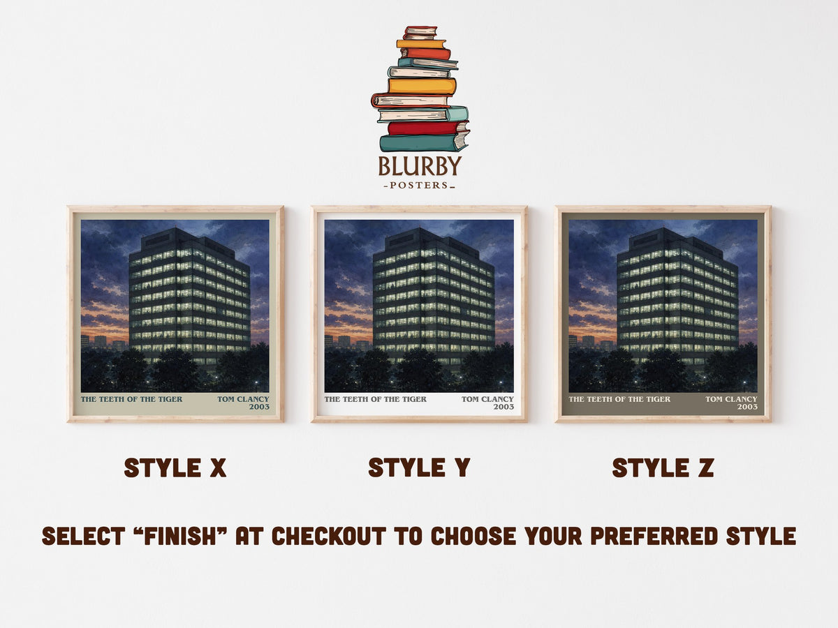 The Teeth of the Tiger literary print in frame leaning in hallway – thriller wall art (mockup)