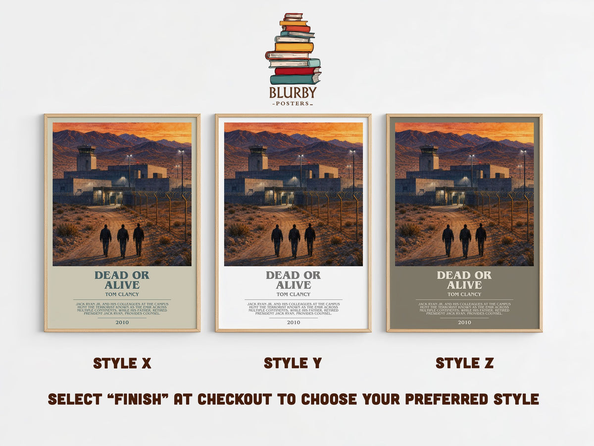 Dead or Alive bookish print in frame leaning in hallway – thriller wall art (mockup)
