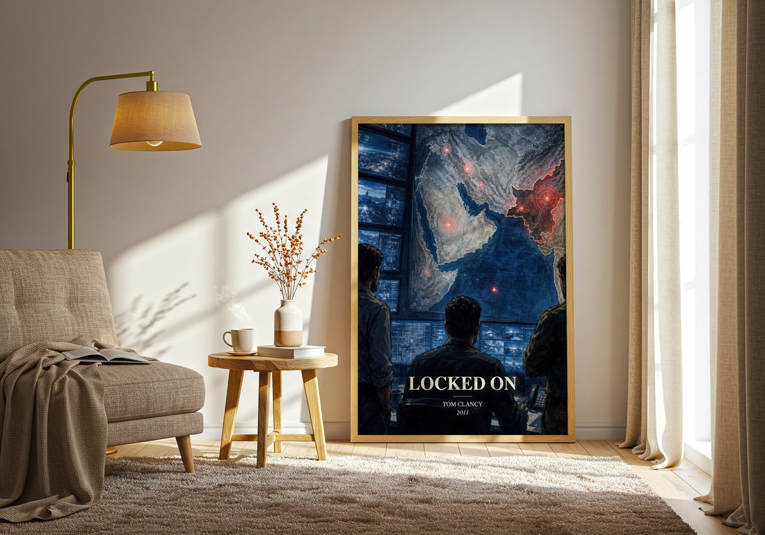 Locked On watercolour print in frame leaning in hallway – thriller wall art (mockup)