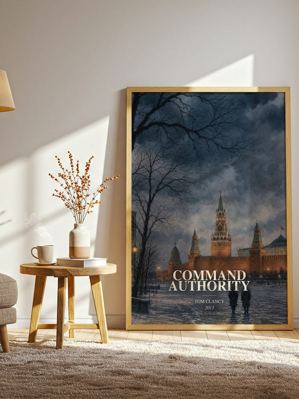 Command Authority watercolour print in frame leaning in hallway – thriller wall art