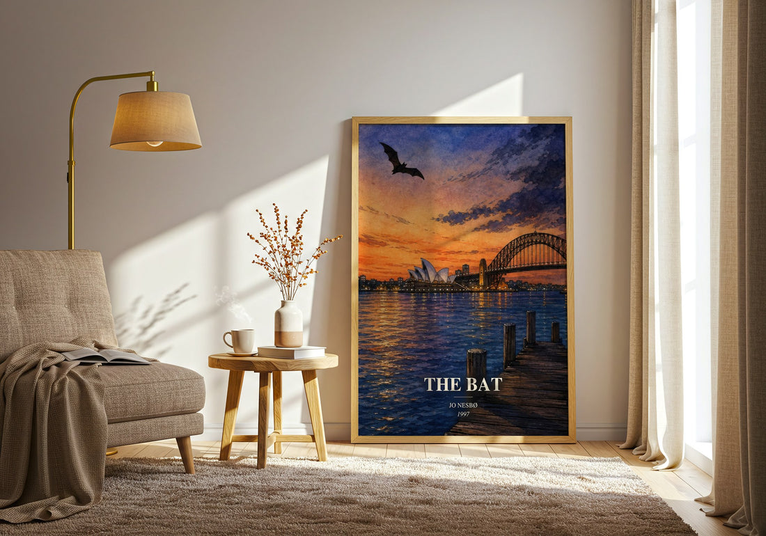 The Bat watercolour print in frame leaning in hallway – crime wall art (mockup)