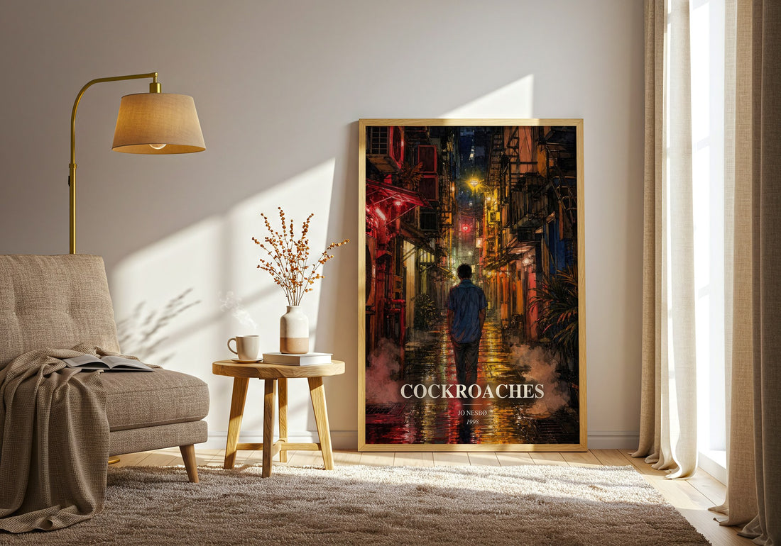 Cockroaches watercolour print in frame leaning in hallway – crime wall art (mockup)