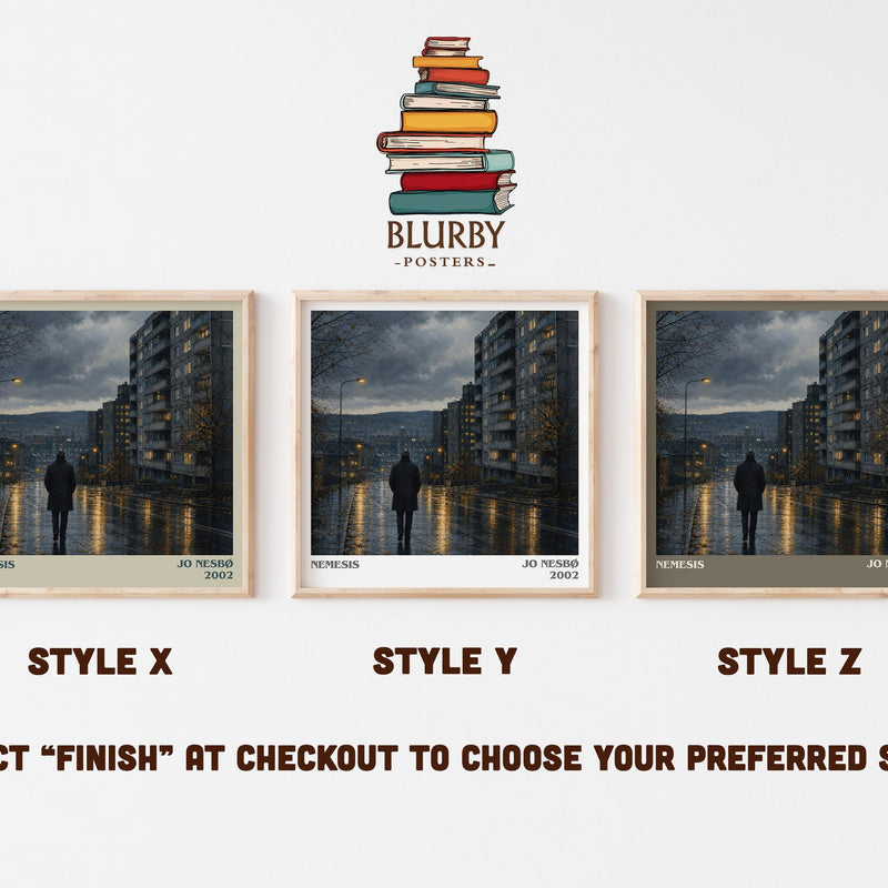 Nemesis literary print in frame leaning in hallway – crime wall art
