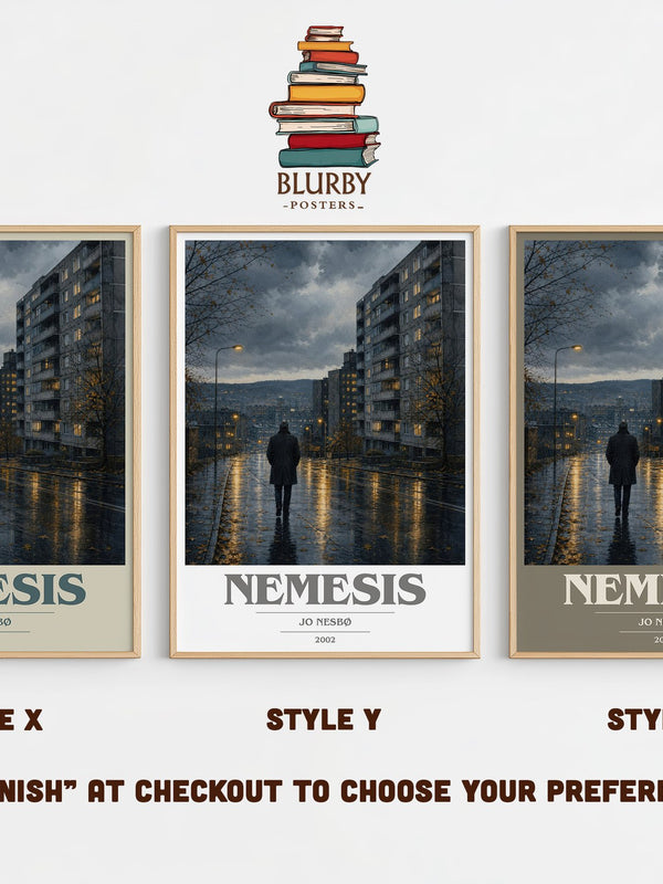 Nemesis book cover print in frame leaning in hallway – crime wall art