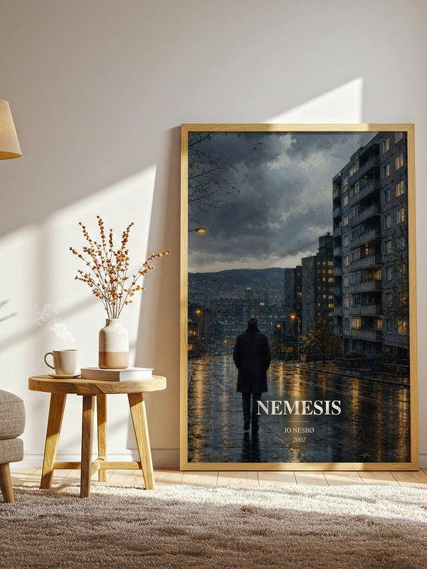 Nemesis watercolour print in frame leaning in hallway – crime wall art