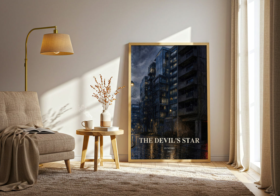 The Devil's Star watercolour print in frame leaning in hallway – crime wall art (mockup)