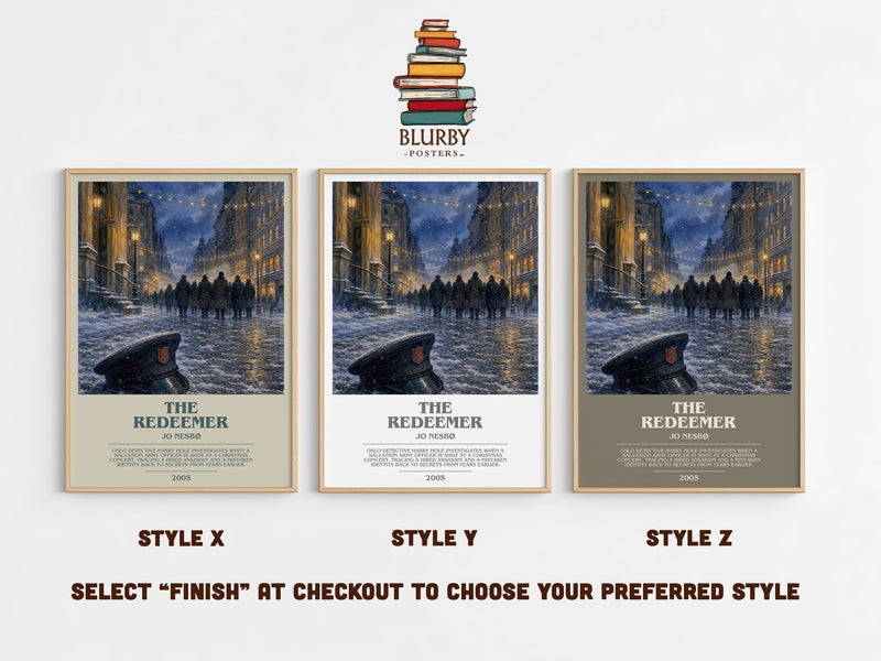 The Redeemer bookish print in frame leaning in hallway – crime wall art
