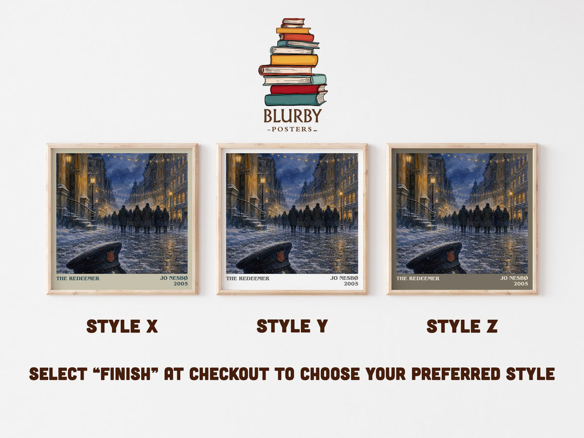 The Redeemer literary print in frame leaning in hallway – crime wall art (mockup)