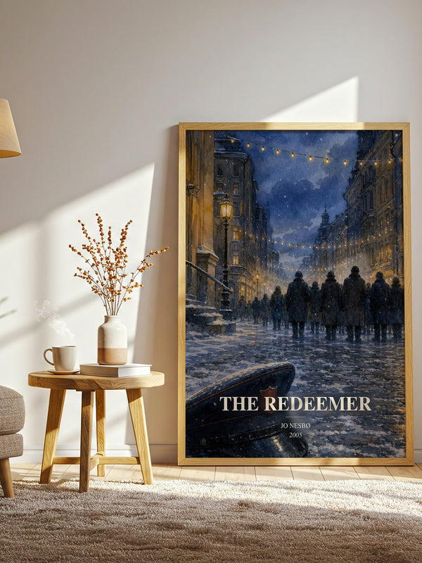 The Redeemer watercolour print in frame leaning in hallway – crime wall art