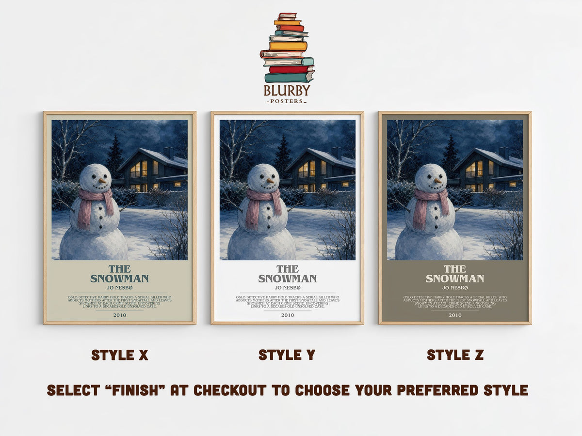 The Snowman bookish print in frame leaning in hallway – crime wall art (mockup)