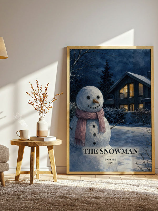 The Snowman watercolour print in frame leaning in hallway – crime wall art
