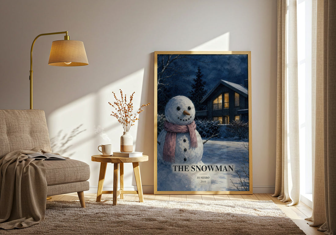 The Snowman watercolour print in frame leaning in hallway – crime wall art (mockup)