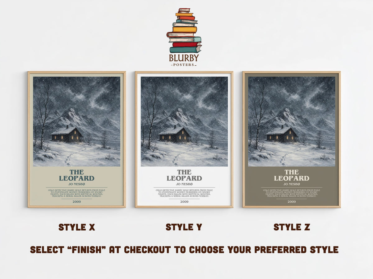 The Leopard bookish print in frame leaning in hallway – crime wall art (mockup)