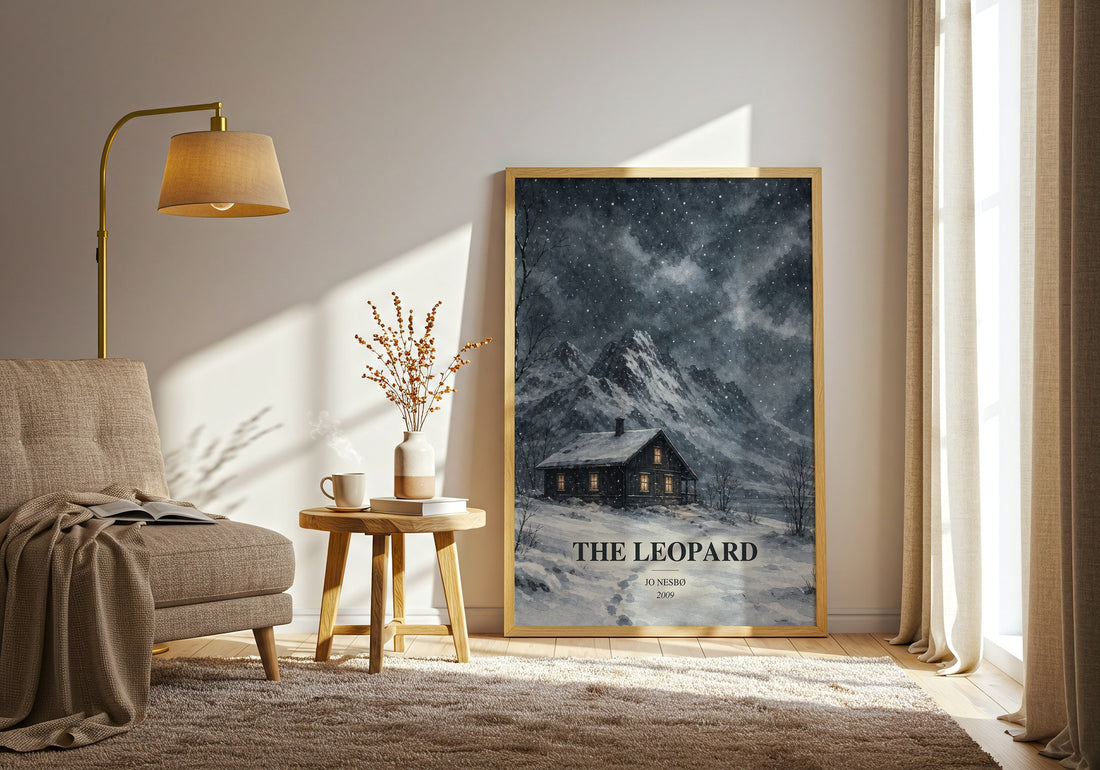 The Leopard watercolour print in frame leaning in hallway – crime wall art (mockup)