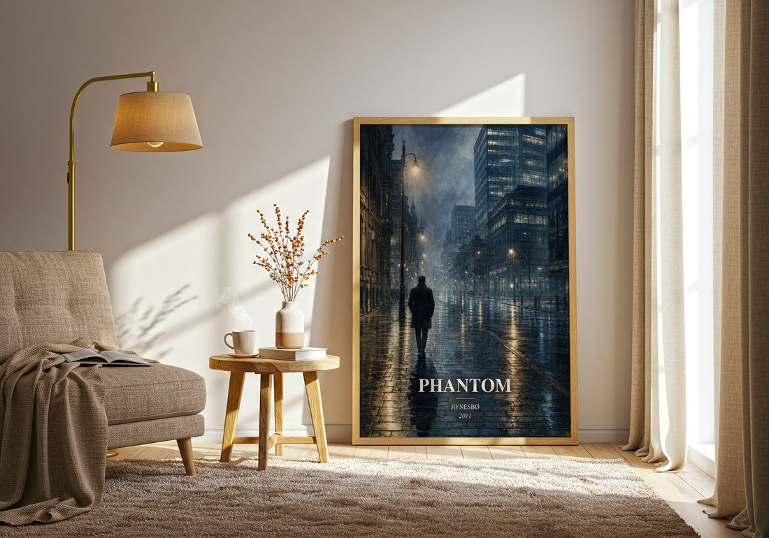 Phantom watercolour print in frame leaning in hallway – crime wall art (mockup)