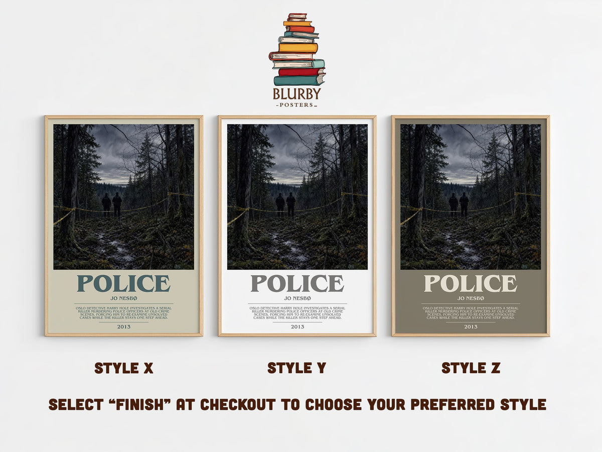 Police bookish print in frame leaning in hallway – crime wall art (mockup)