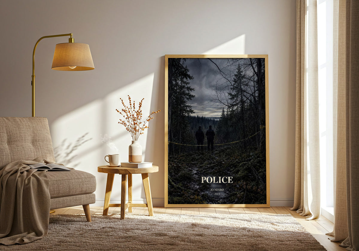 Police watercolour print in frame leaning in hallway – crime wall art (mockup)