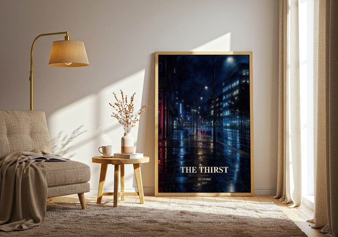 The Thirst watercolour print in frame leaning in hallway – crime wall art (mockup)