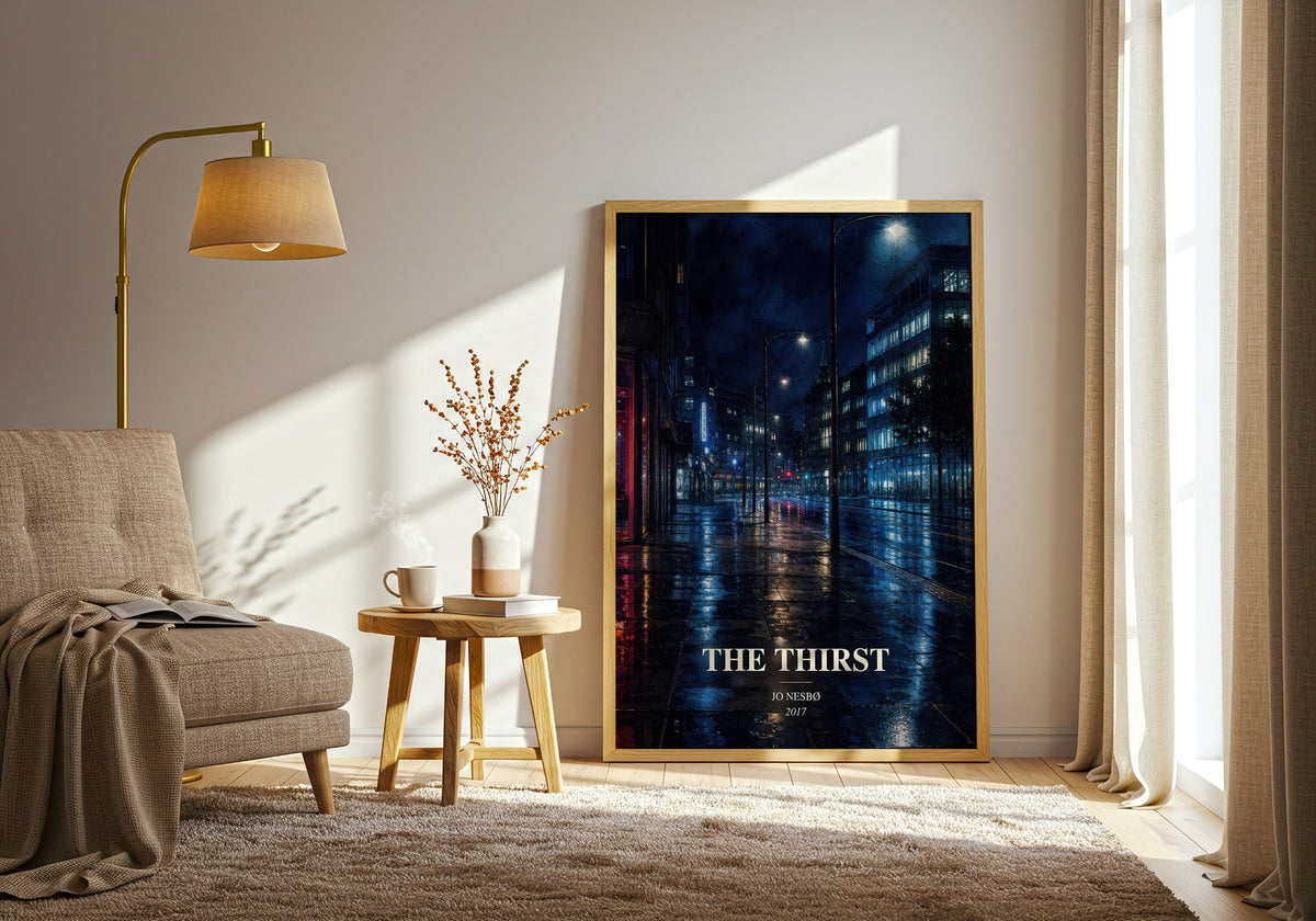 The Thirst watercolour print in frame leaning in hallway – crime wall art (mockup)