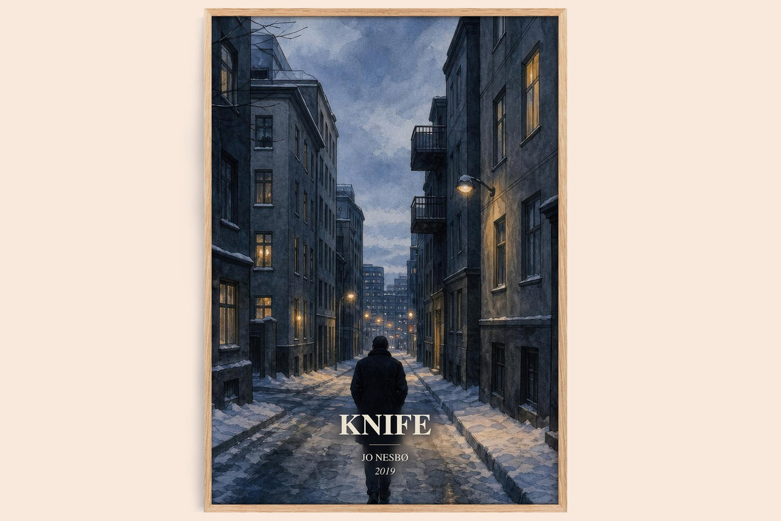 Knife watercolour book poster by Jo Nesbø – framed literary art print