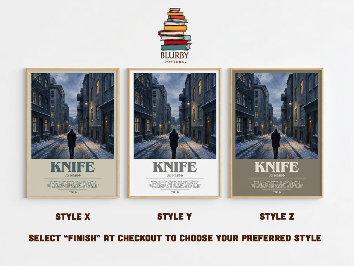 Knife bookish print in frame leaning in hallway – crime wall art (mockup)
