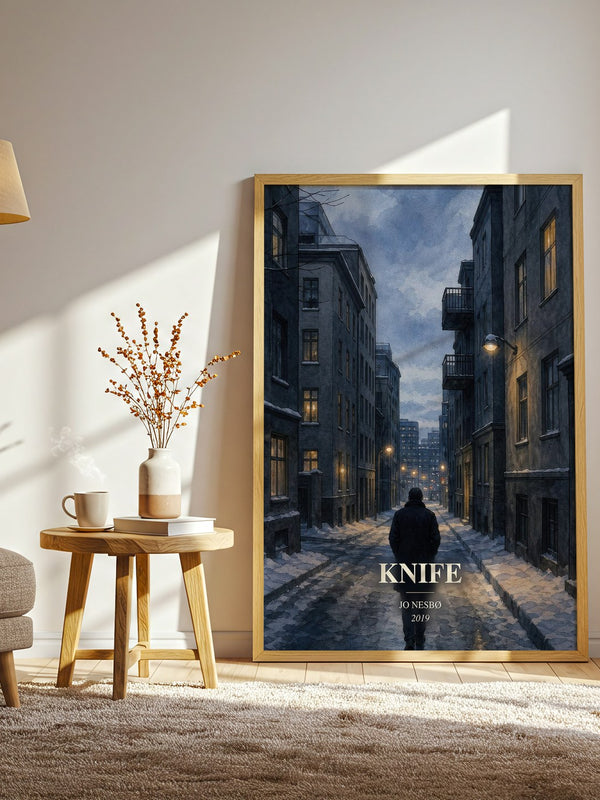 Knife watercolour print in frame leaning in hallway – crime wall art