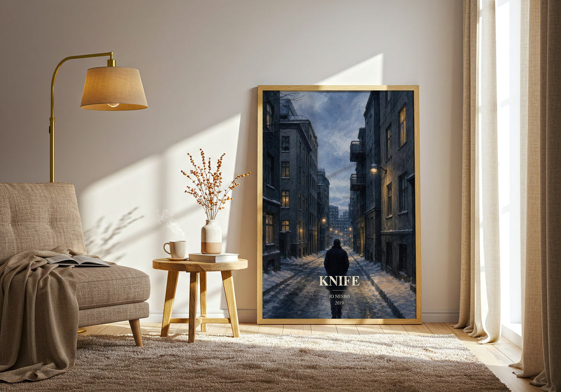 Knife watercolour print in frame leaning in hallway – crime wall art (mockup)