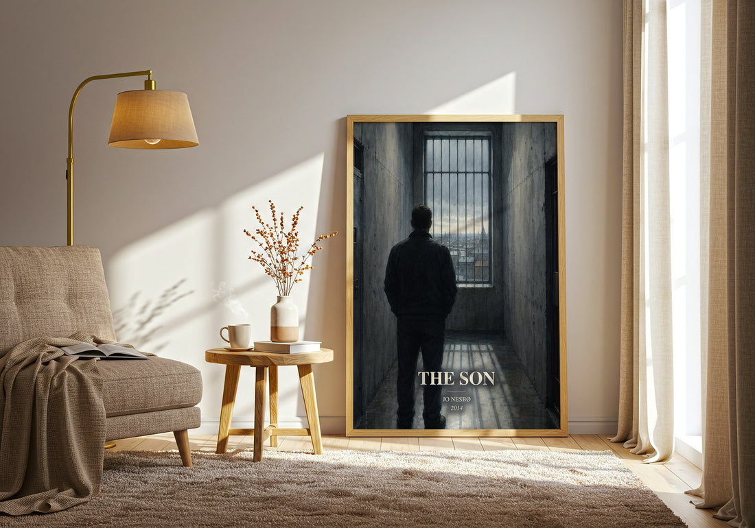 The Son watercolour print in frame leaning in hallway – crime wall art (mockup)