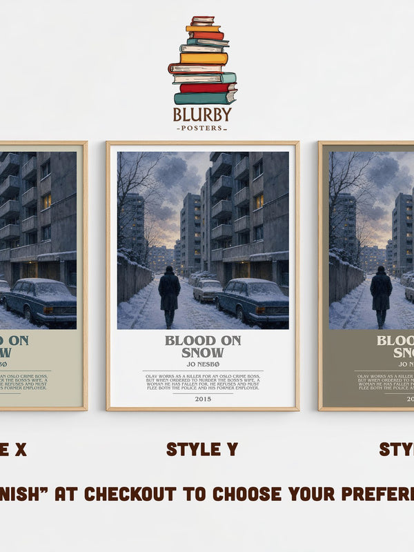 Blood on Snow bookish print in frame leaning in hallway – crime wall art