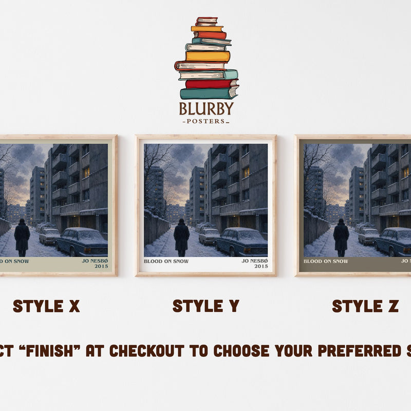 Blood on Snow literary print in frame leaning in hallway – crime wall art