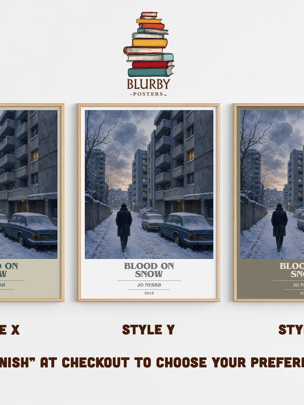 Blood on Snow book cover print in frame leaning in hallway – crime wall art