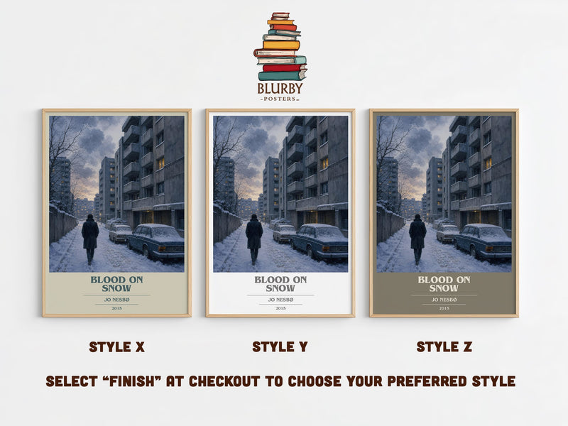Blood on Snow book cover print in frame leaning in hallway – crime wall art