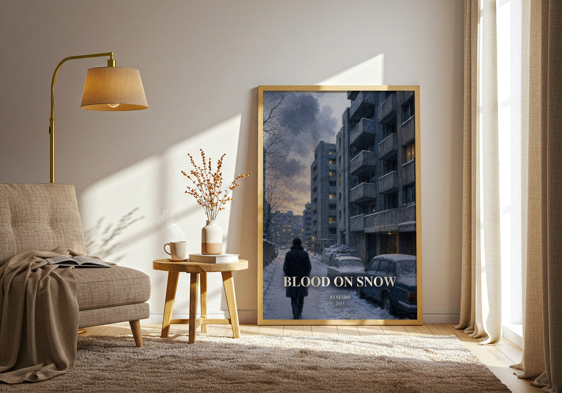 Blood on Snow watercolour print in frame leaning in hallway – crime wall art (mockup)