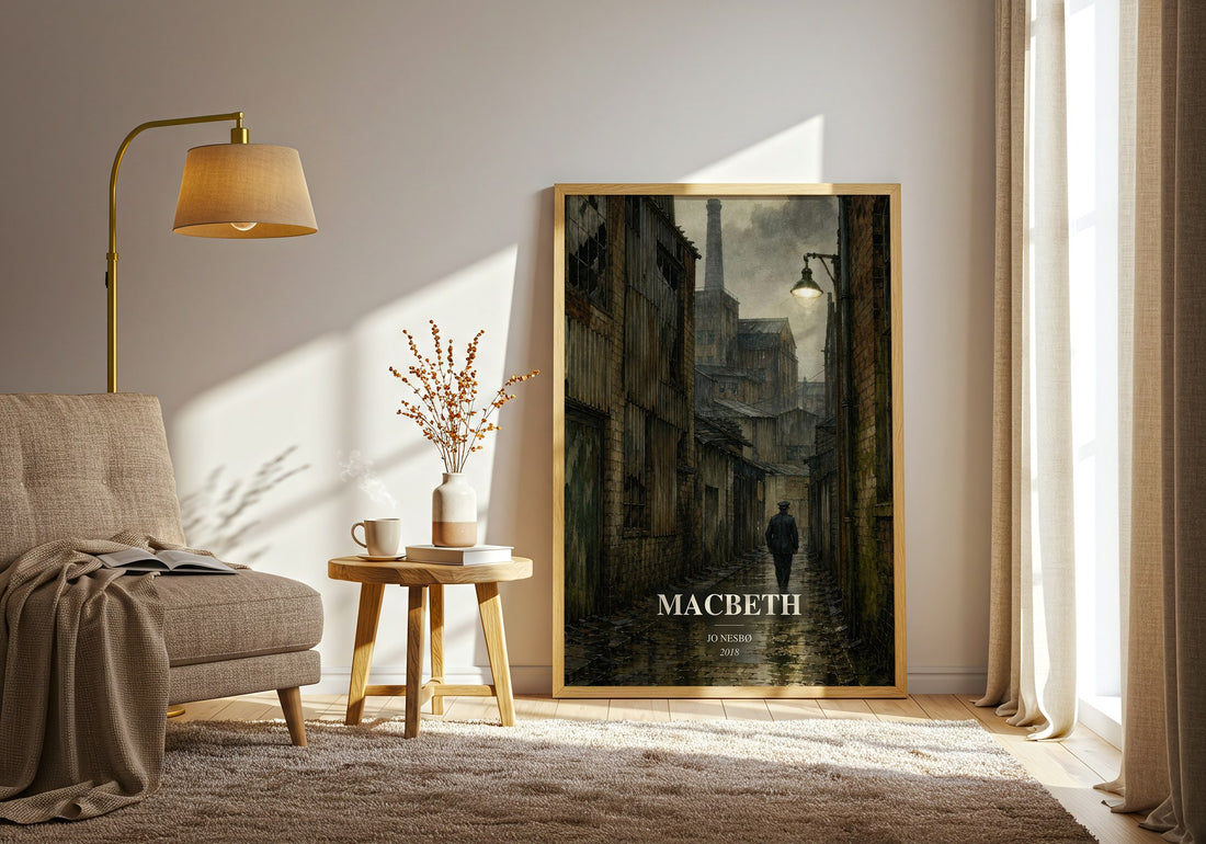 Macbeth watercolour print in frame leaning in hallway – crime wall art (mockup)