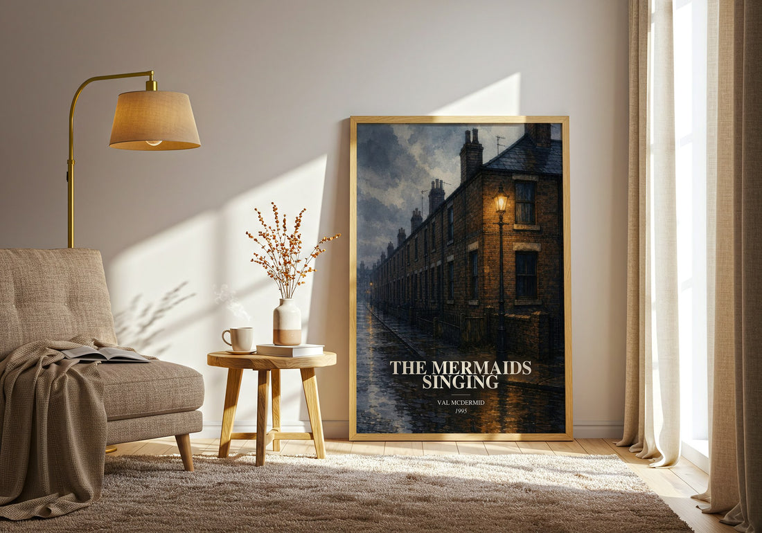 The Mermaids Singing watercolour print in frame leaning in hallway – crime wall art (mockup)