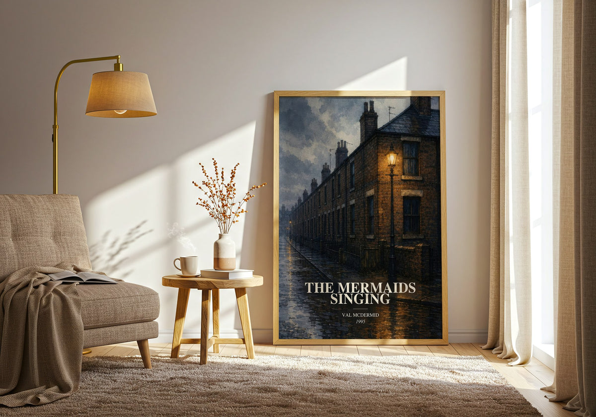 The Mermaids Singing watercolour print in frame leaning in hallway – crime wall art (mockup)
