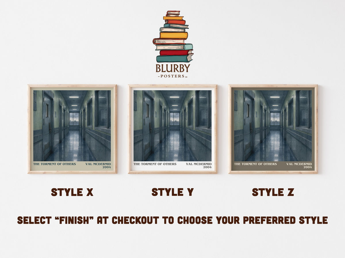 The Torment of Others literary print in frame leaning in hallway – crime wall art (mockup)