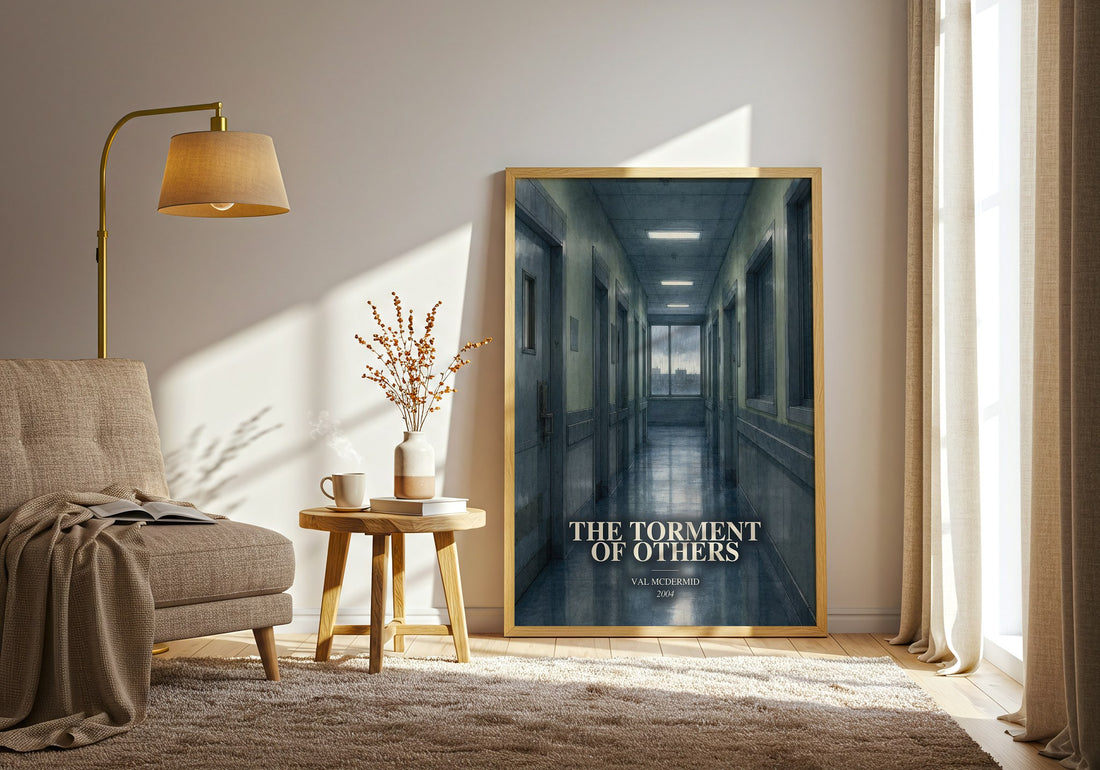 The Torment of Others watercolour print in frame leaning in hallway – crime wall art (mockup)