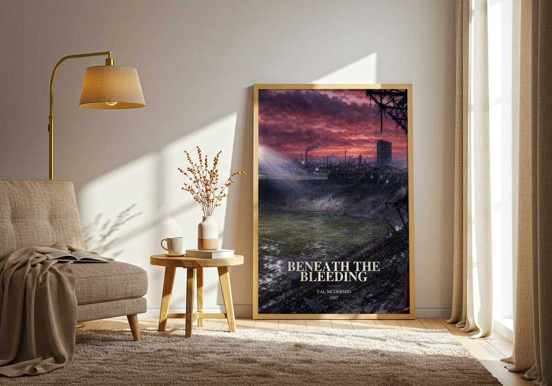 Beneath the Bleeding watercolour print in frame leaning in hallway – crime wall art (mockup)