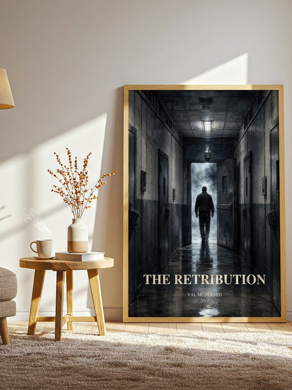 The Retribution watercolour print in frame leaning in hallway – crime wall art