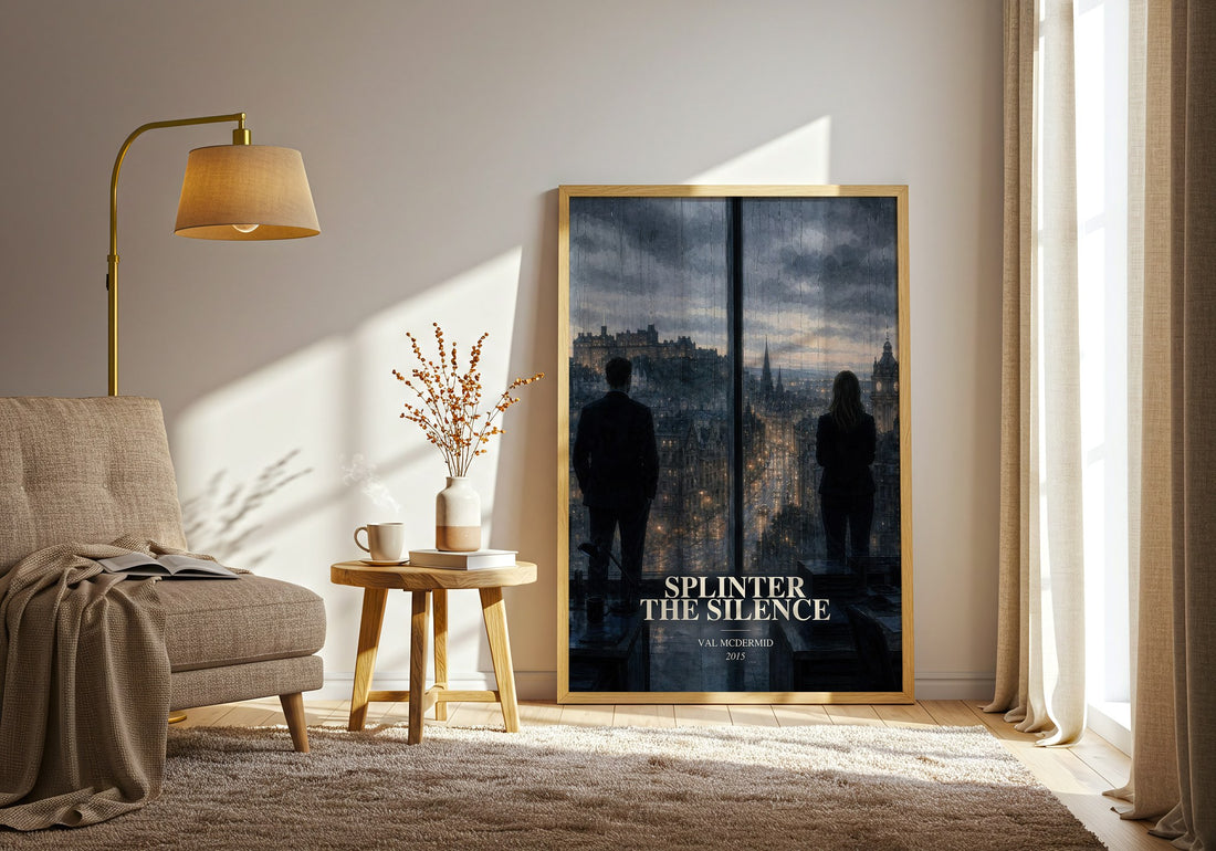 Splinter the Silence watercolour print in frame leaning in hallway – crime wall art (mockup)