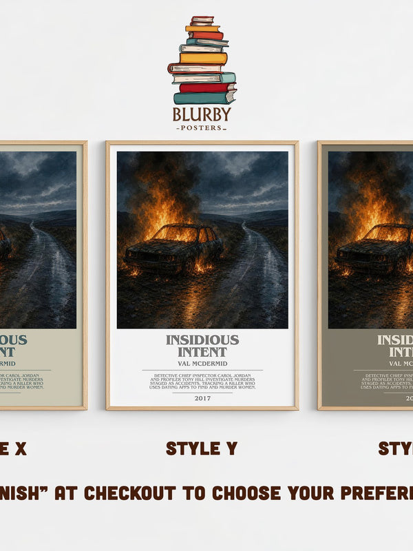 Insidious Intent bookish print in frame leaning in hallway – crime wall art