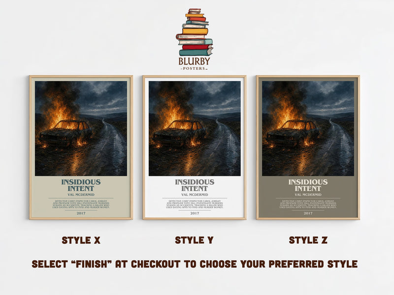 Insidious Intent bookish print in frame leaning in hallway – crime wall art