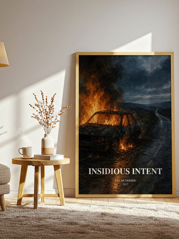 Insidious Intent watercolour print in frame leaning in hallway – crime wall art