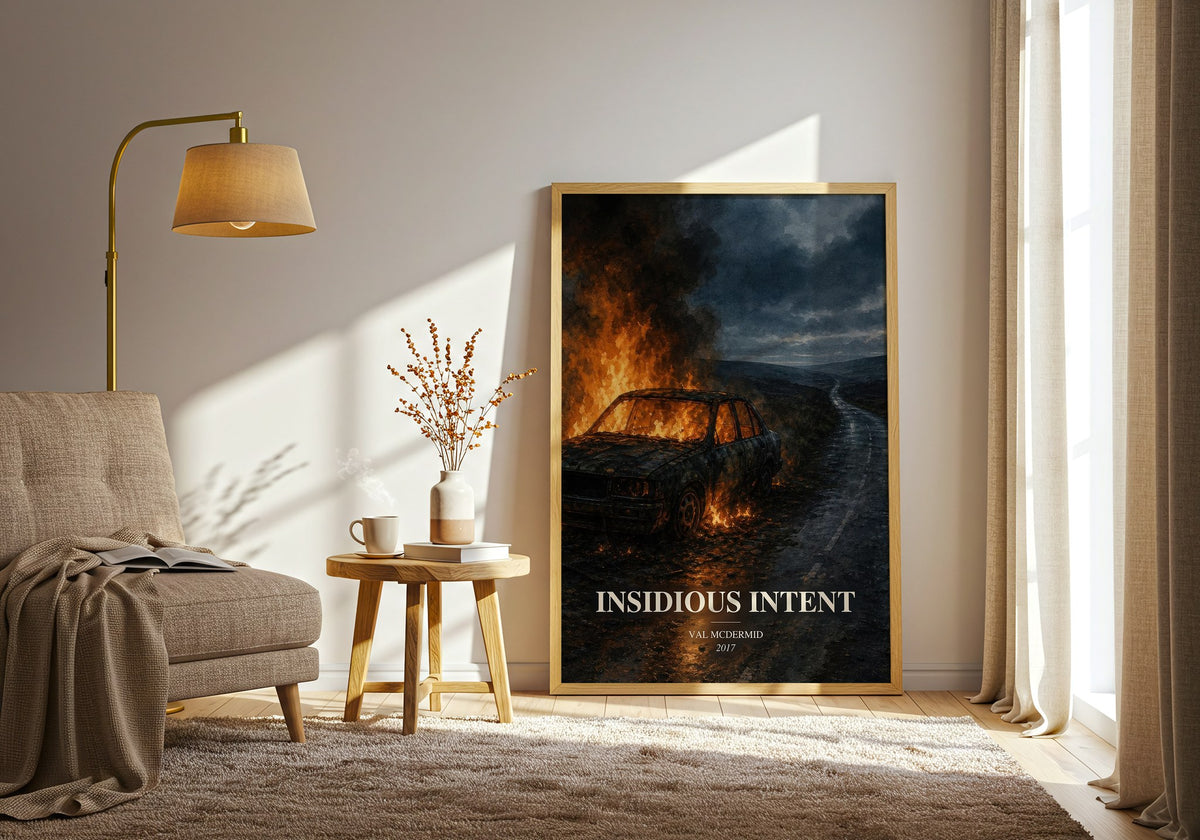 Insidious Intent watercolour print in frame leaning in hallway – crime wall art (mockup)